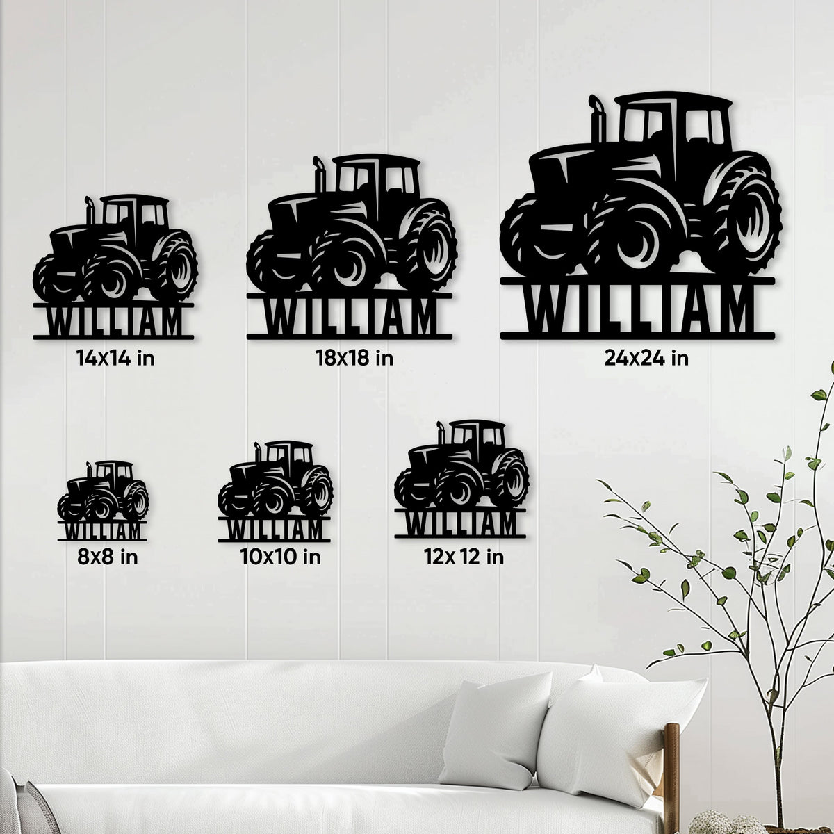 Tractor metal sign size guide showing multiple available dimensions in a farmhouse setting
