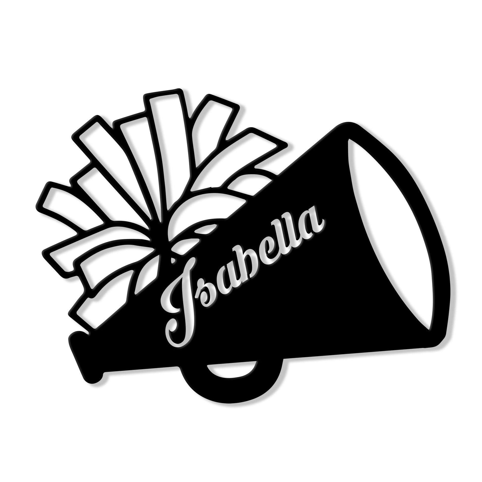 Black metal cheerleading sign shaped like a megaphone with pom poms