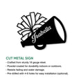 Cheerleading megaphone metal sign shown with cut-metal sign feature details