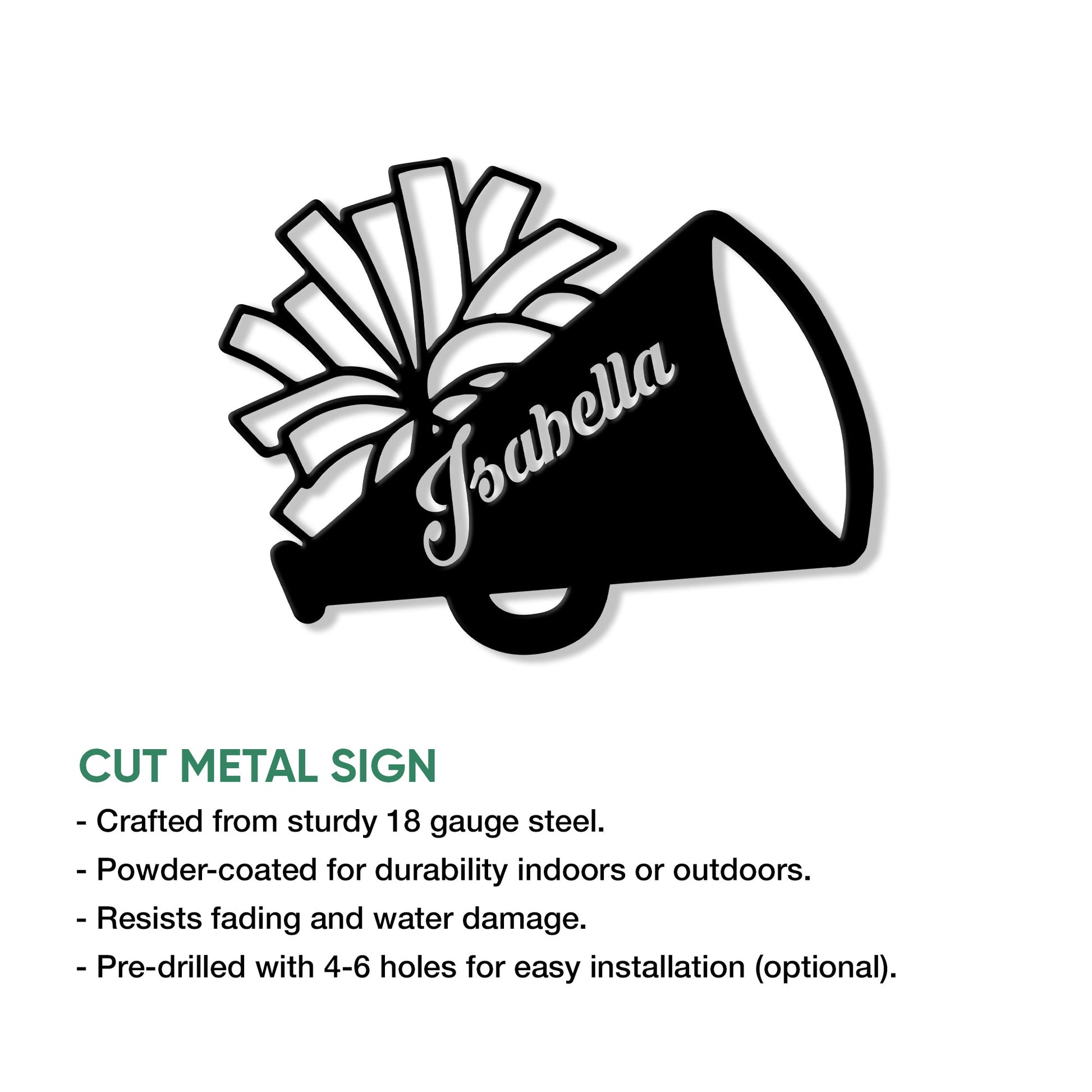 Cheerleading megaphone metal sign shown with cut-metal sign feature details