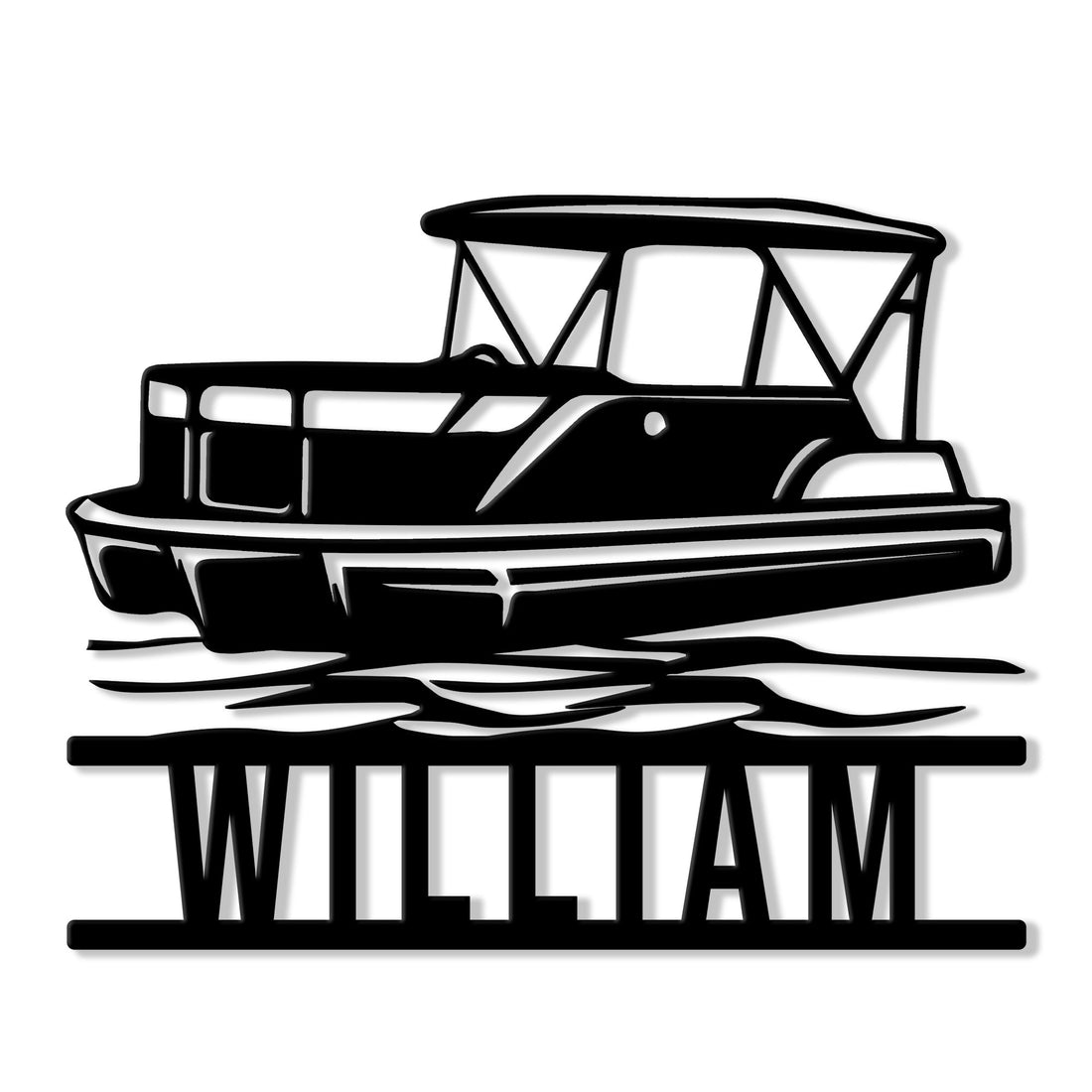 Black metal sign featuring a pontoon boat silhouette with rippling water and a bold lower design