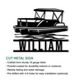 Pontoon boat metal sign feature guide showing the cutout boat artwork and product details