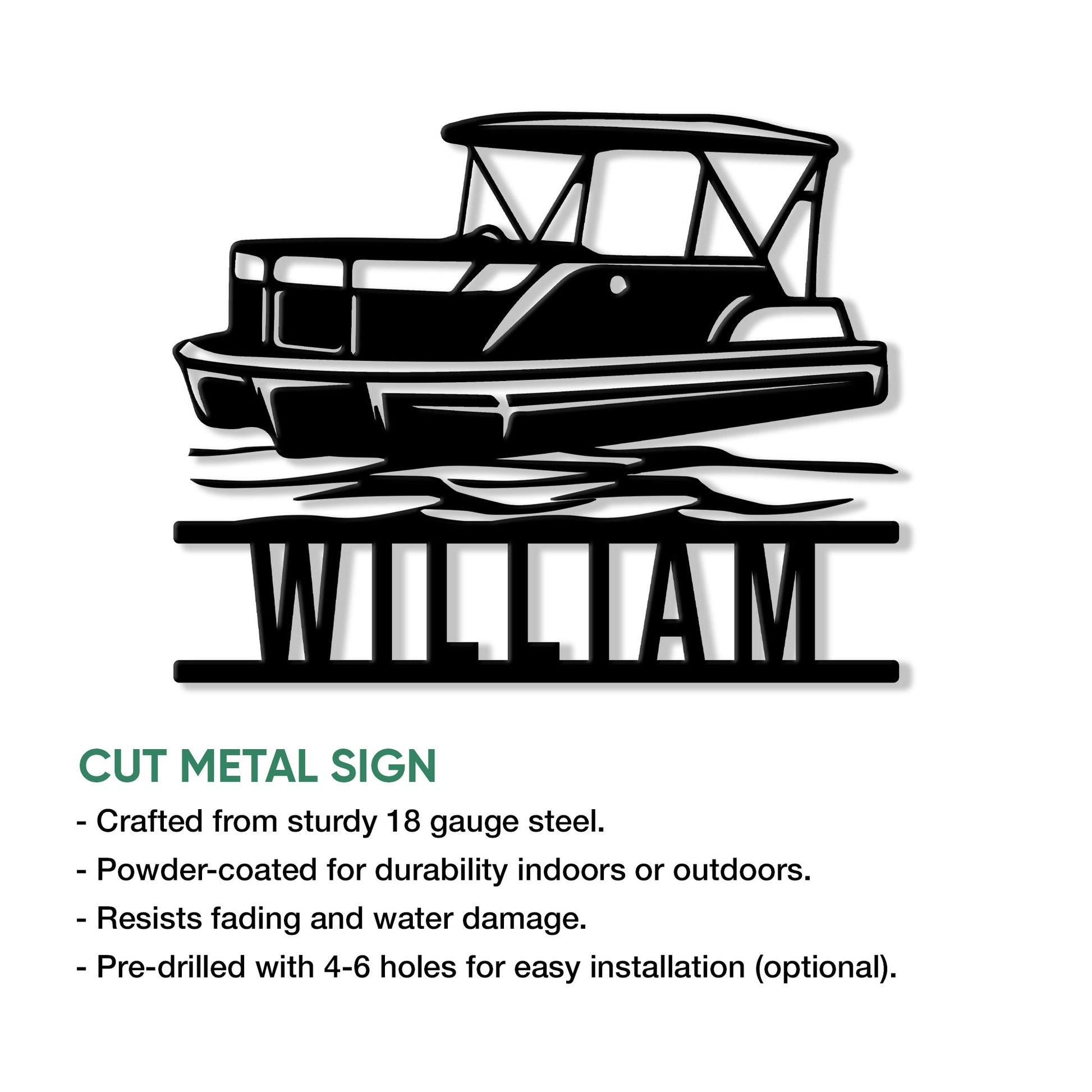 Pontoon boat metal sign feature guide showing the cutout boat artwork and product details