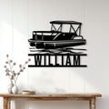 Pontoon boat wall sign displayed on a light wood-paneled wall above a console table