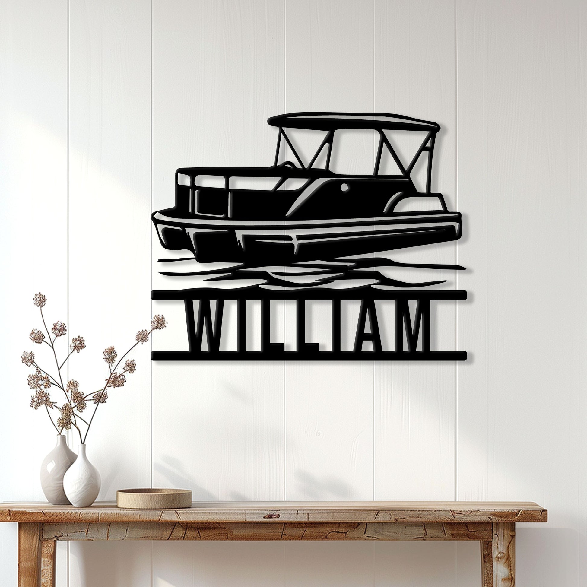 Pontoon boat wall sign displayed on a light wood-paneled wall above a console table