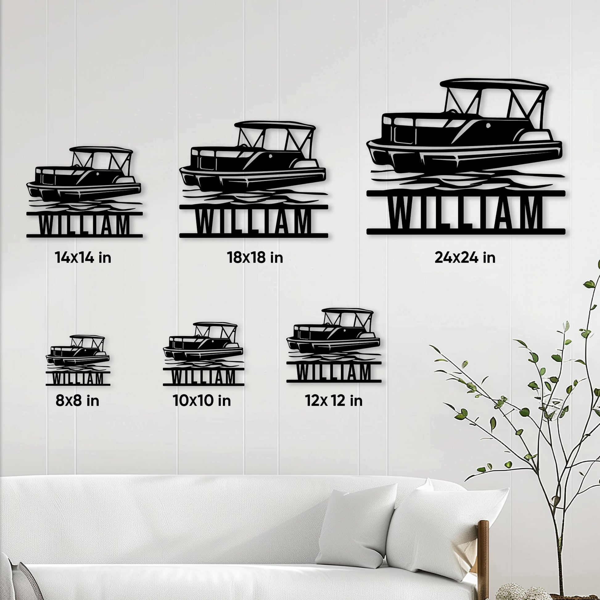 Pontoon boat metal sign size guide showing several available square size options
