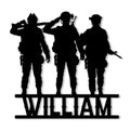 Black metal sign featuring three military service member silhouettes, including a saluting soldier and armed figures