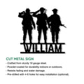 Military veteran silhouette metal sign feature graphic highlighting cut-metal construction and indoor or outdoor display