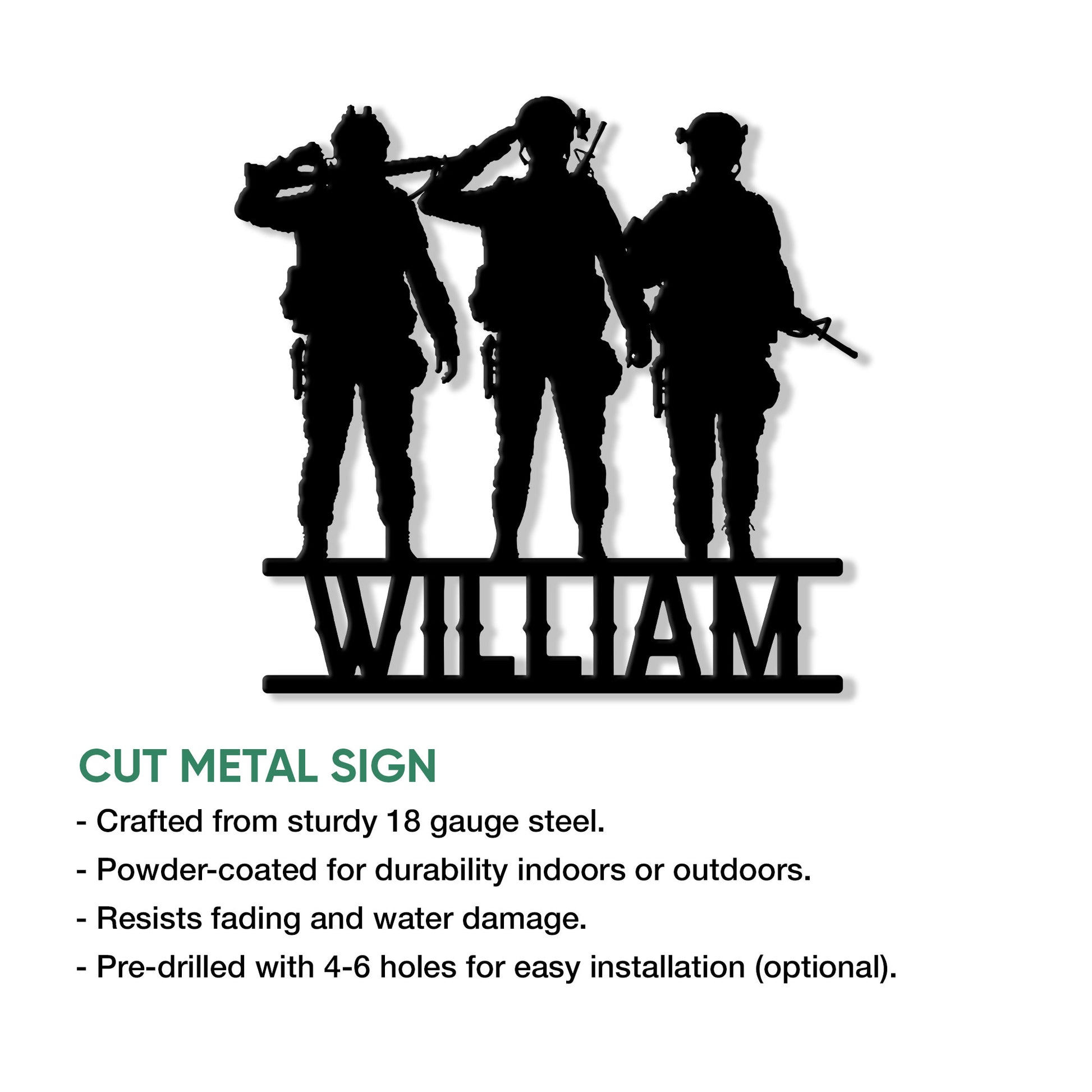 Military veteran silhouette metal sign feature graphic highlighting cut-metal construction and indoor or outdoor display