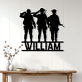 Custom veteran metal sign displayed on a light wood-paneled wall above a console table