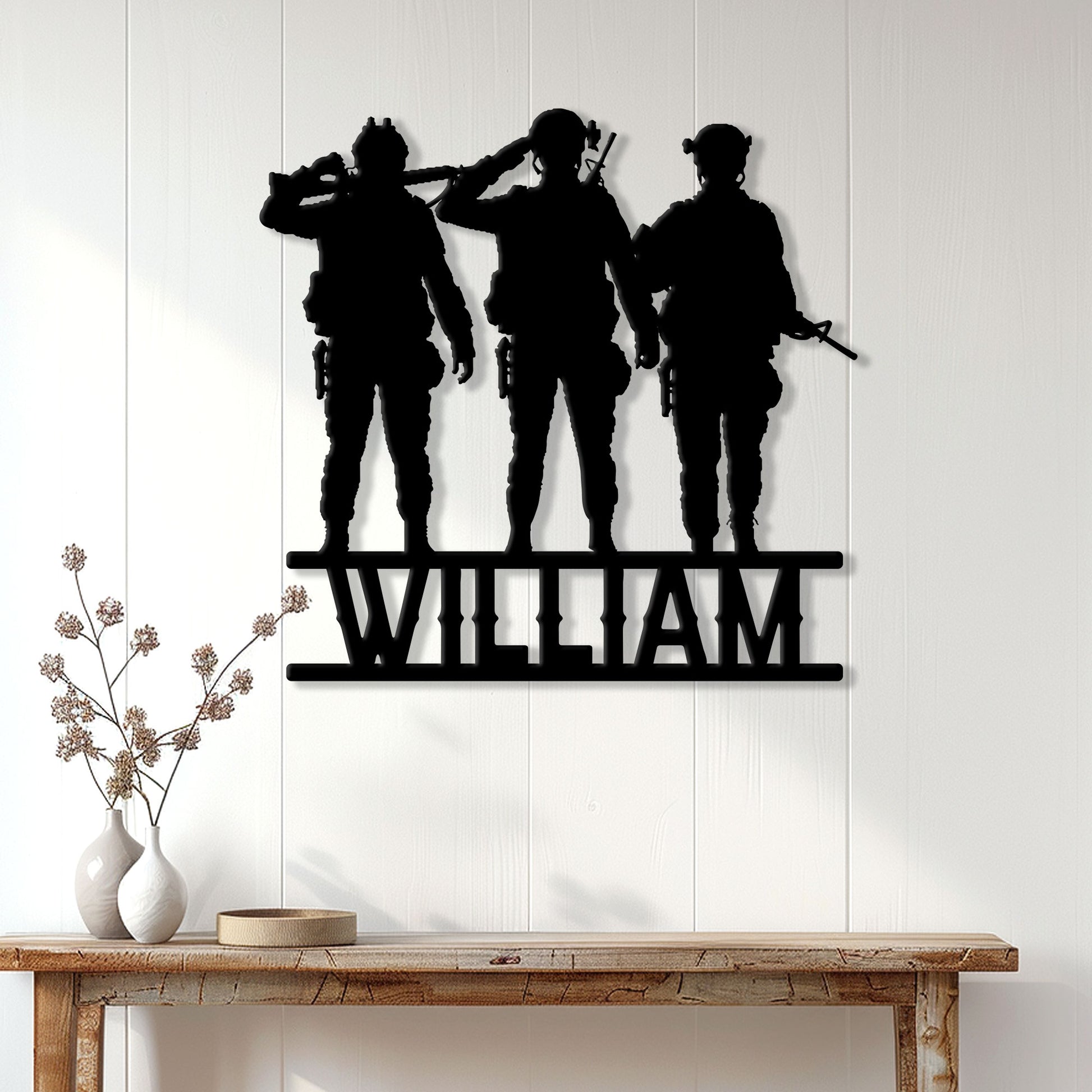 Custom veteran metal sign displayed on a light wood-paneled wall above a console table