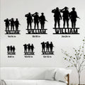 Military silhouette metal sign size guide showing multiple square size options for wall display
