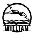 Swimmer metal sign featuring a dynamic freestyle swimming silhouette over stylized waves