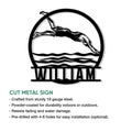 Swimming wall sign infographic showing a freestyle swimmer design and cut metal sign features