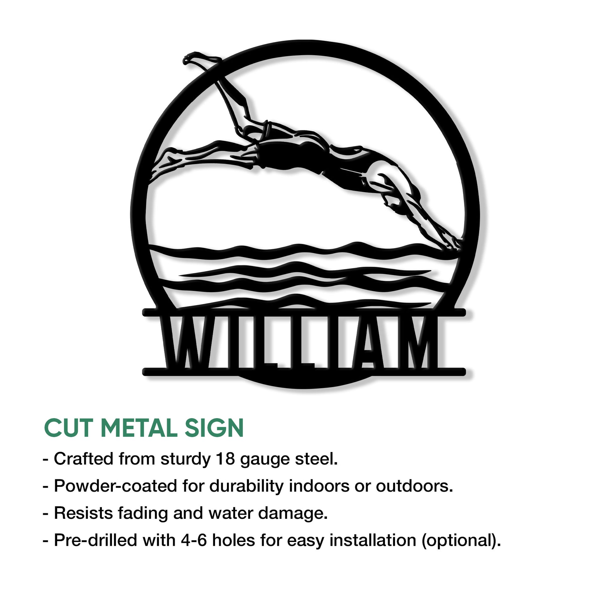 Swimming wall sign infographic showing a freestyle swimmer design and cut metal sign features