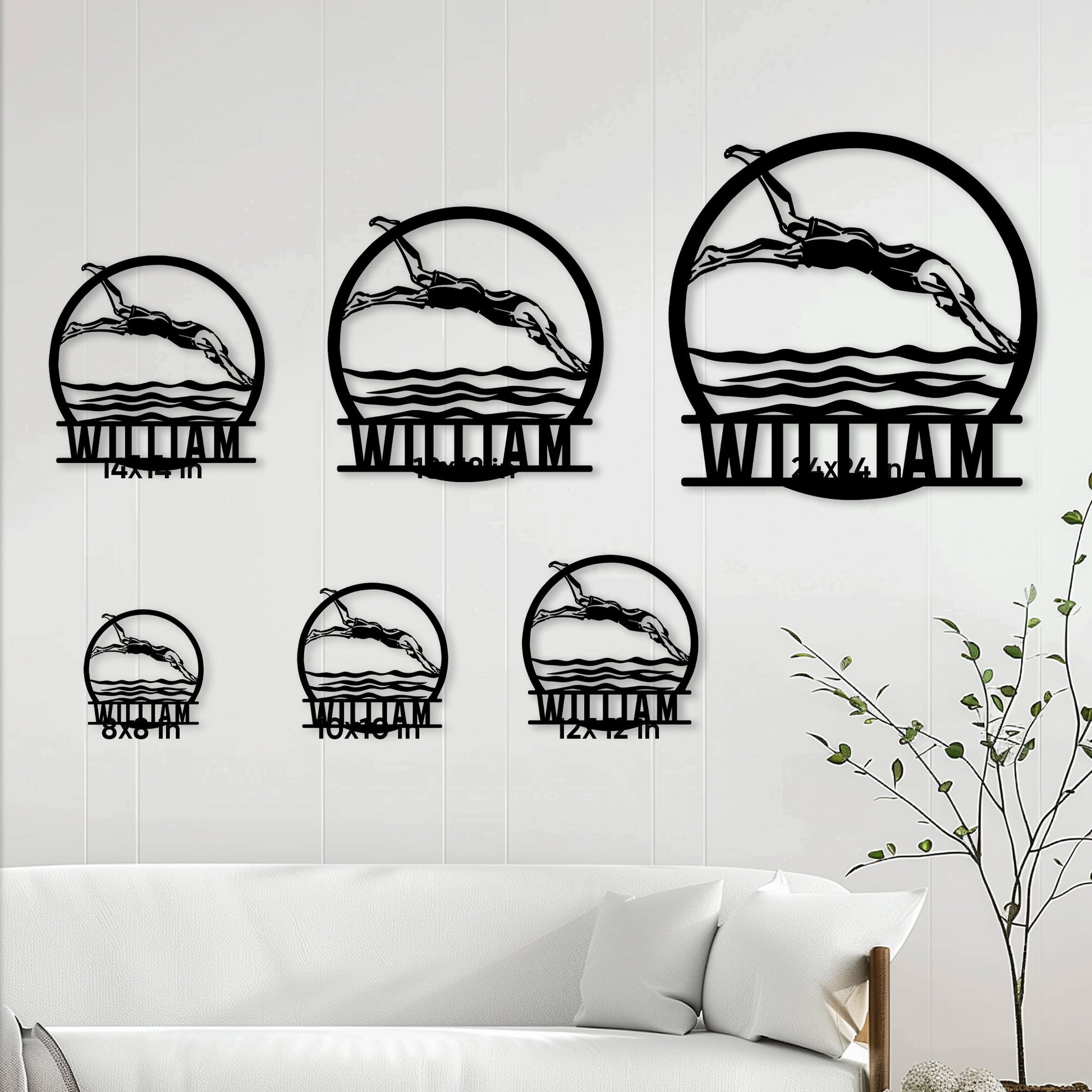 Swimming metal sign size guide showing the swimmer design in multiple available dimensions