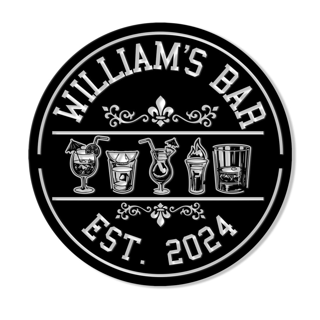Round cocktail bar metal sign featuring five illustrated drinks, ornate accents, and a bold black-and-silver design