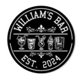 Round cocktail bar metal sign featuring five illustrated drinks, ornate accents, and a bold black-and-silver design