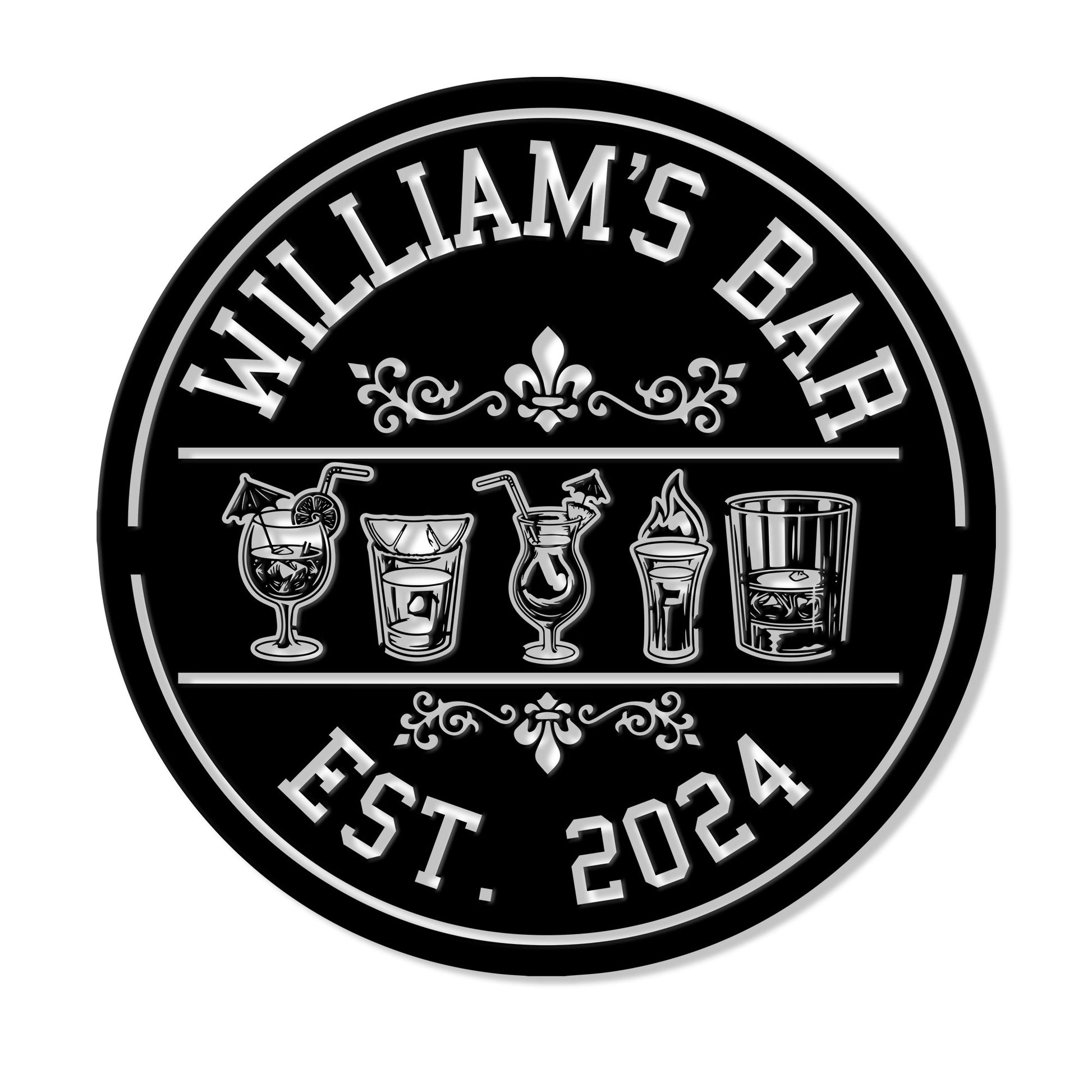 Round cocktail bar metal sign featuring five illustrated drinks, ornate accents, and a bold black-and-silver design