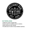 Cocktail bar metal sign shown with a cut-steel product feature guide and indoor or outdoor display information