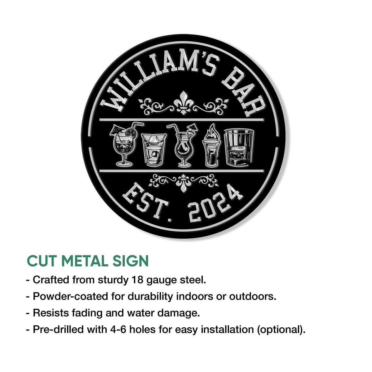 Cocktail bar metal sign shown with a cut-steel product feature guide and indoor or outdoor display information