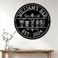 Round cocktail bar sign displayed on a white paneled wall above a rustic console table