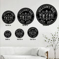 Cocktail bar metal sign size guide showing multiple round size options in a home decor setting