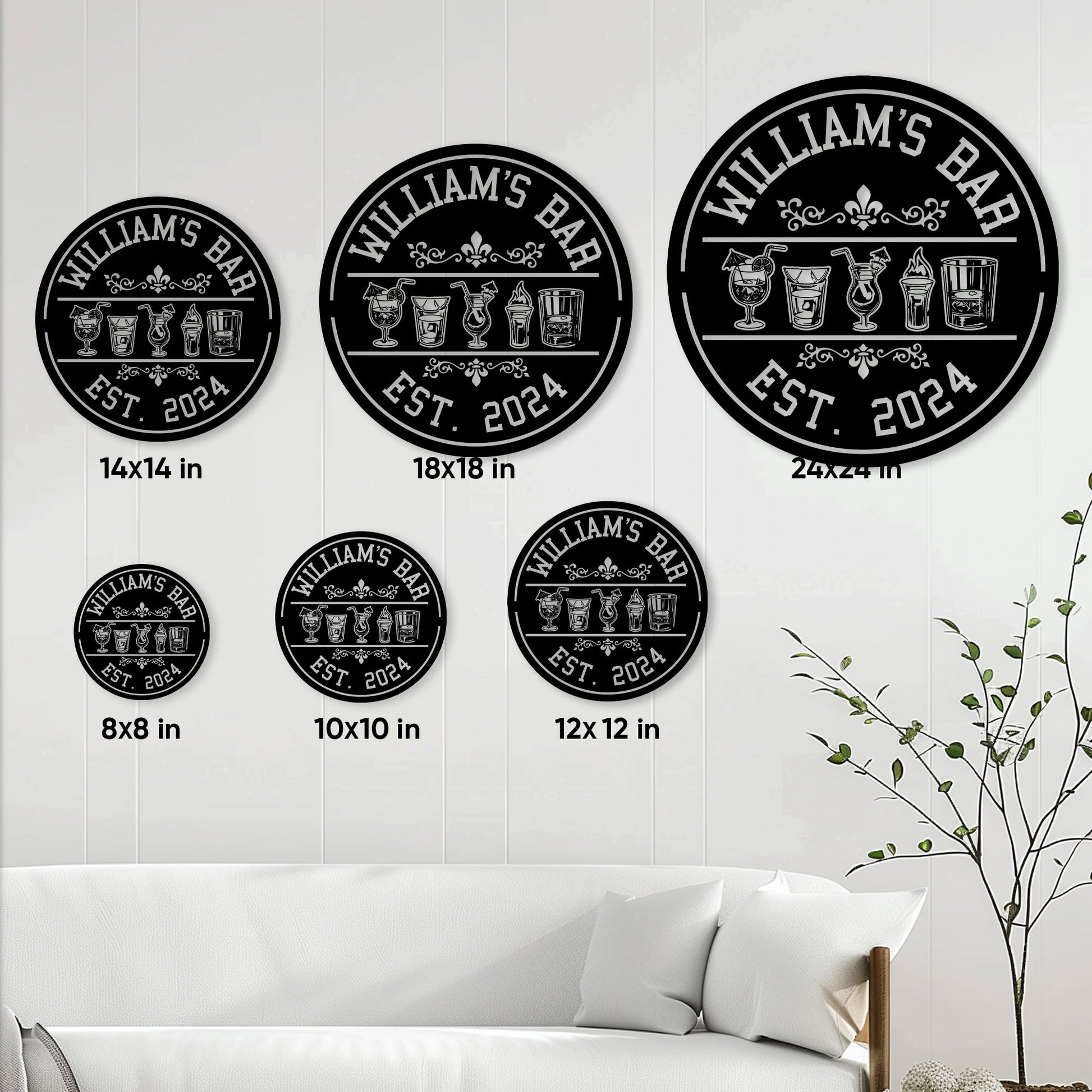 Cocktail bar metal sign size guide showing multiple round size options in a home decor setting