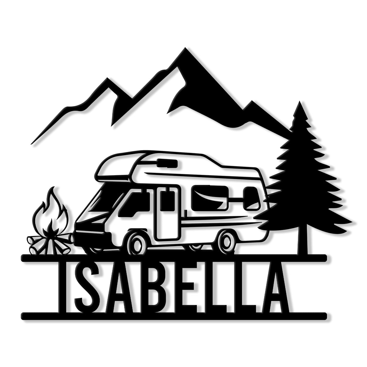Custom camping metal sign featuring an RV beside a campfire, pine tree, and mountain silhouette