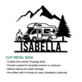 RV camping metal sign with a mountain landscape, evergreen tree, and campfire scene