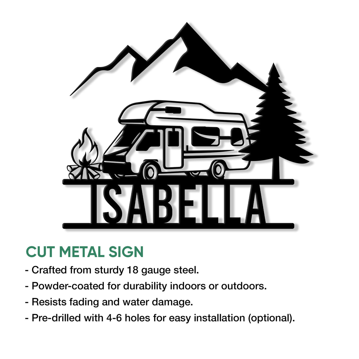 RV camping metal sign with a mountain landscape, evergreen tree, and campfire scene
