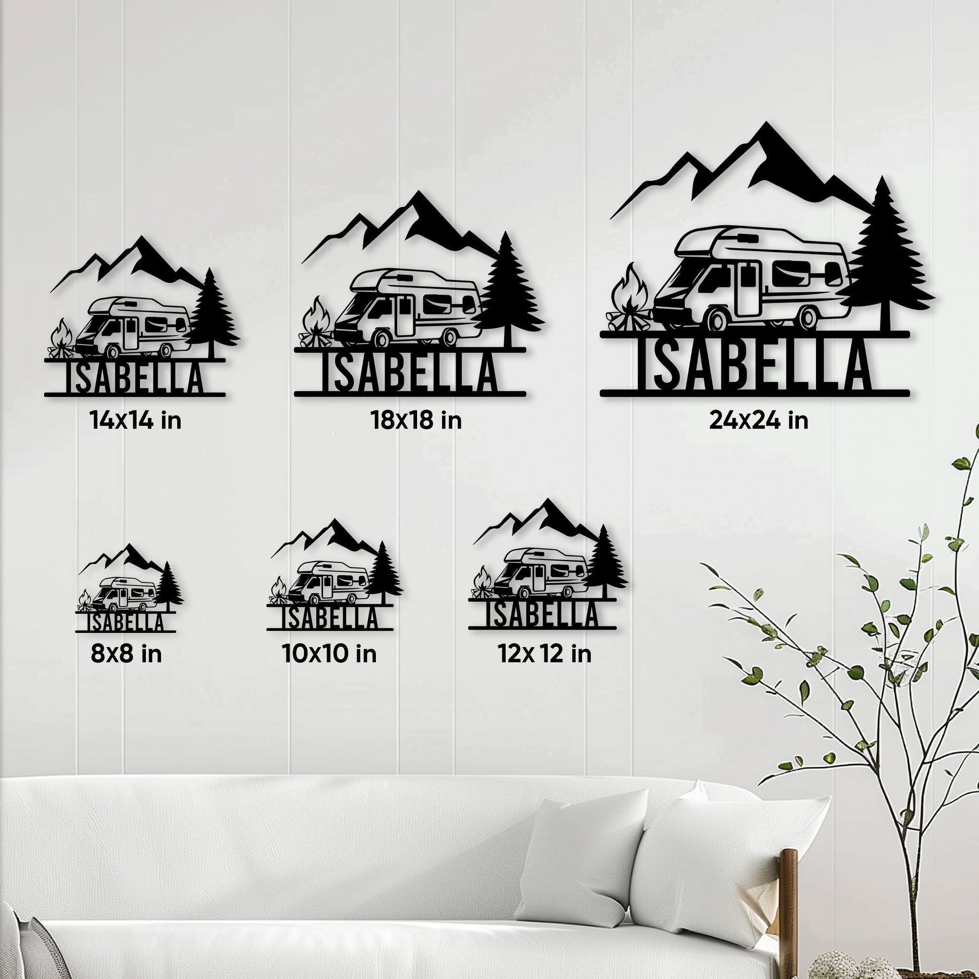 RV camping sign size guide showing options from 8 by 8 inches to 24 by 24 inches