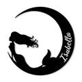 Black mermaid silhouette metal sign framed by a crescent moon for custom ocean-inspired wall decor