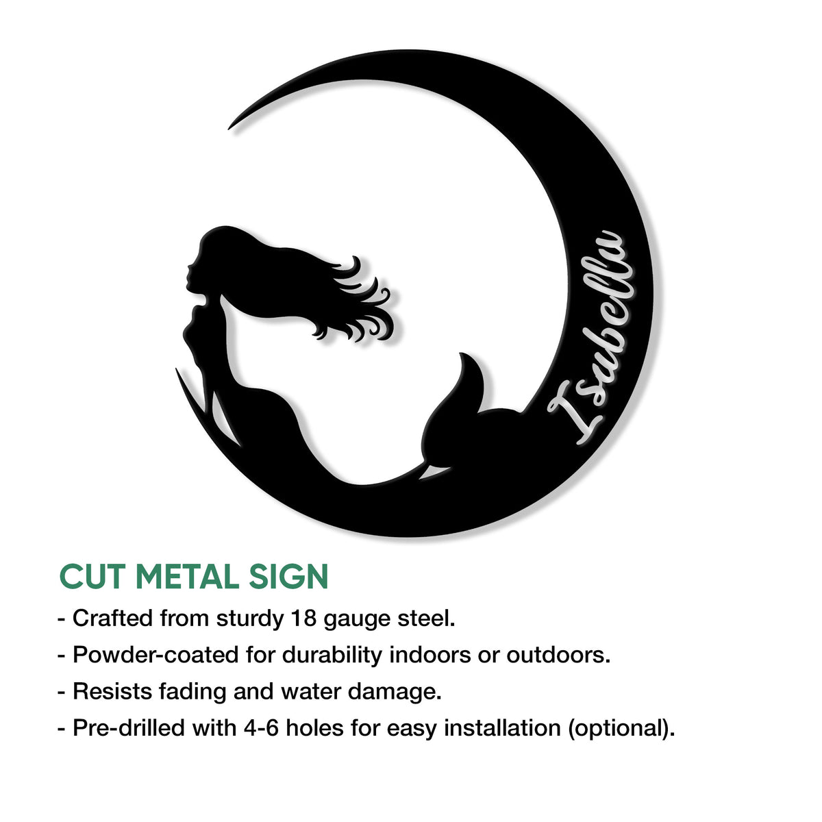 Mermaid crescent moon cut metal sign shown with product feature information