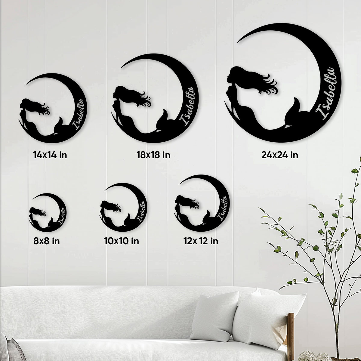 Mermaid crescent moon metal sign shown in multiple size options for wall decor