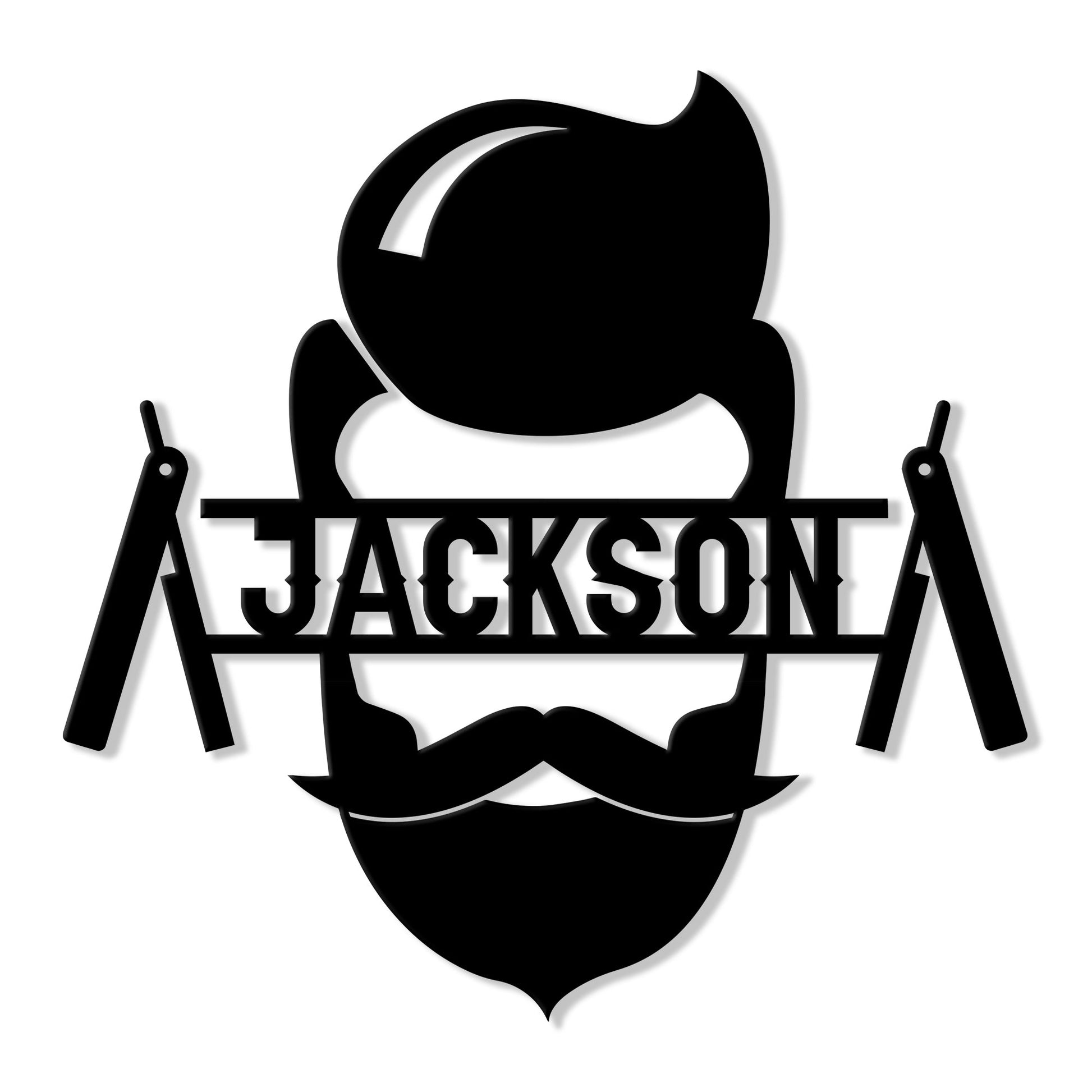 Black barber silhouette metal sign featuring a pompadour hairstyle, mustache, beard, and crossed barber razors