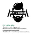 Barber silhouette cut metal sign shown with product feature details and installation information