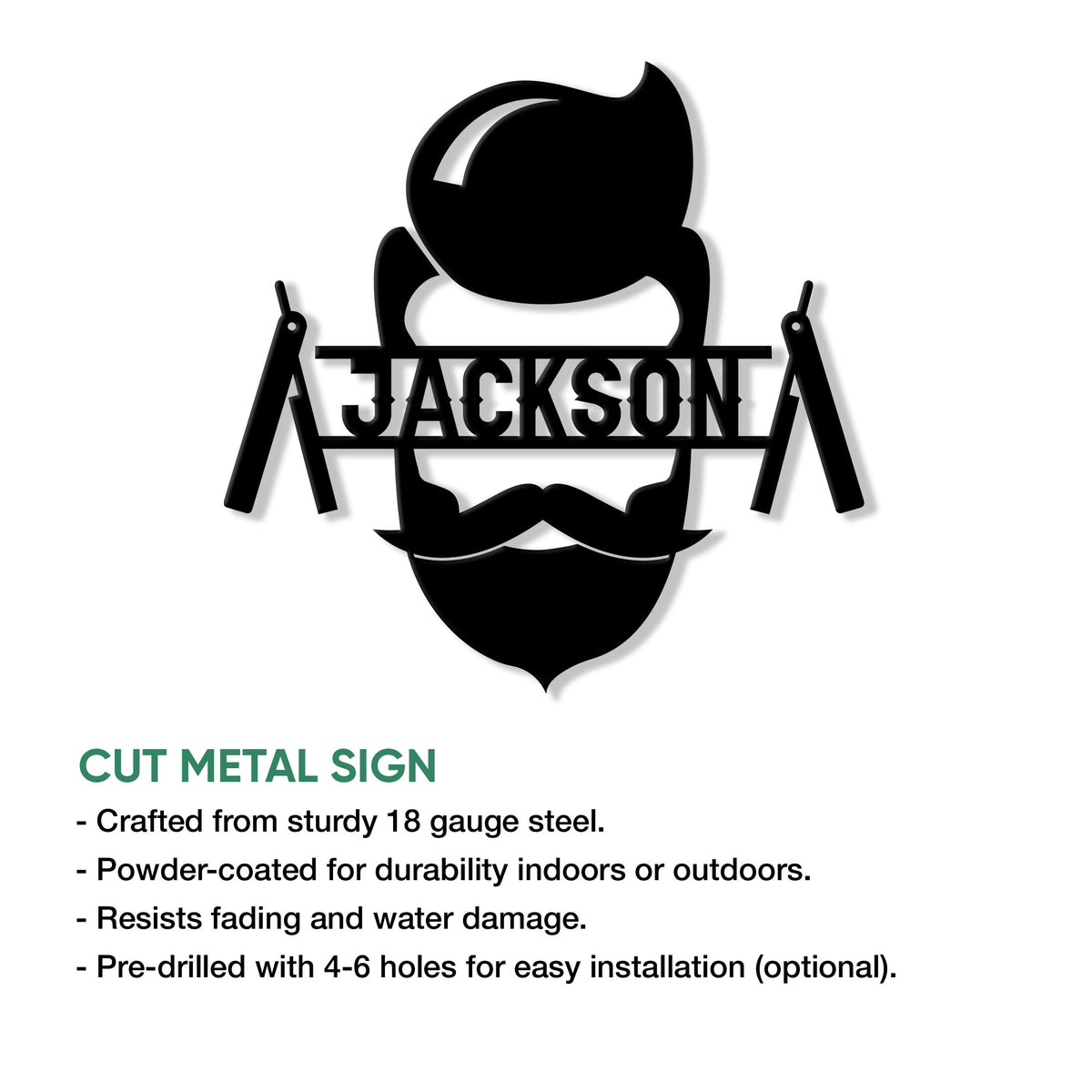 Barber silhouette cut metal sign shown with product feature details and installation information