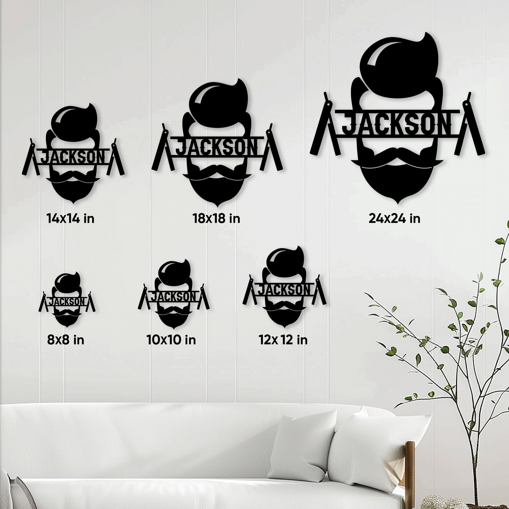 Barber metal sign size guide showing available square sizes from 8 by 8 to 24 by 24 inches