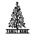 Ornate Christmas tree metal sign with curled branches and scattered stars