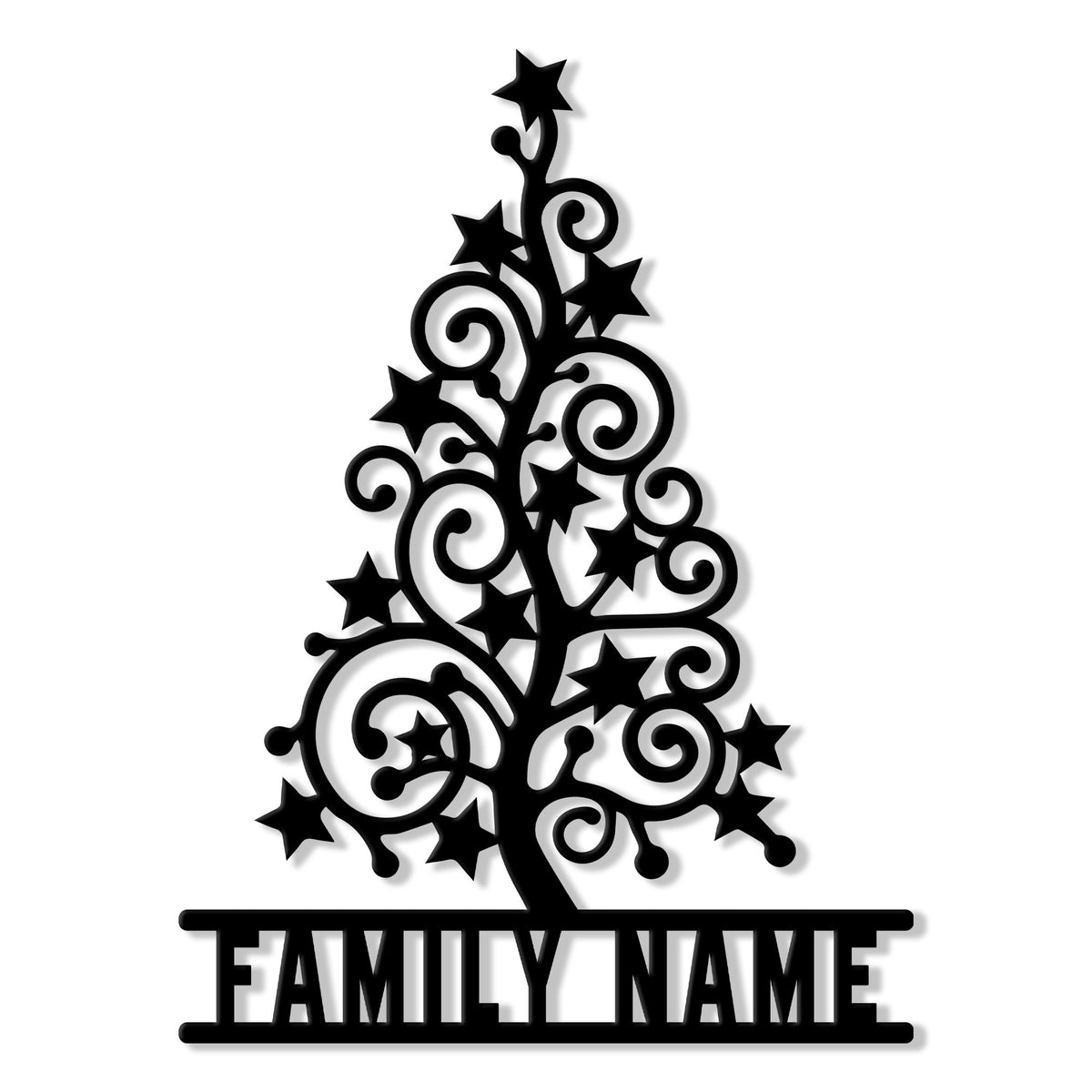 Ornate Christmas tree metal sign with curled branches and scattered stars