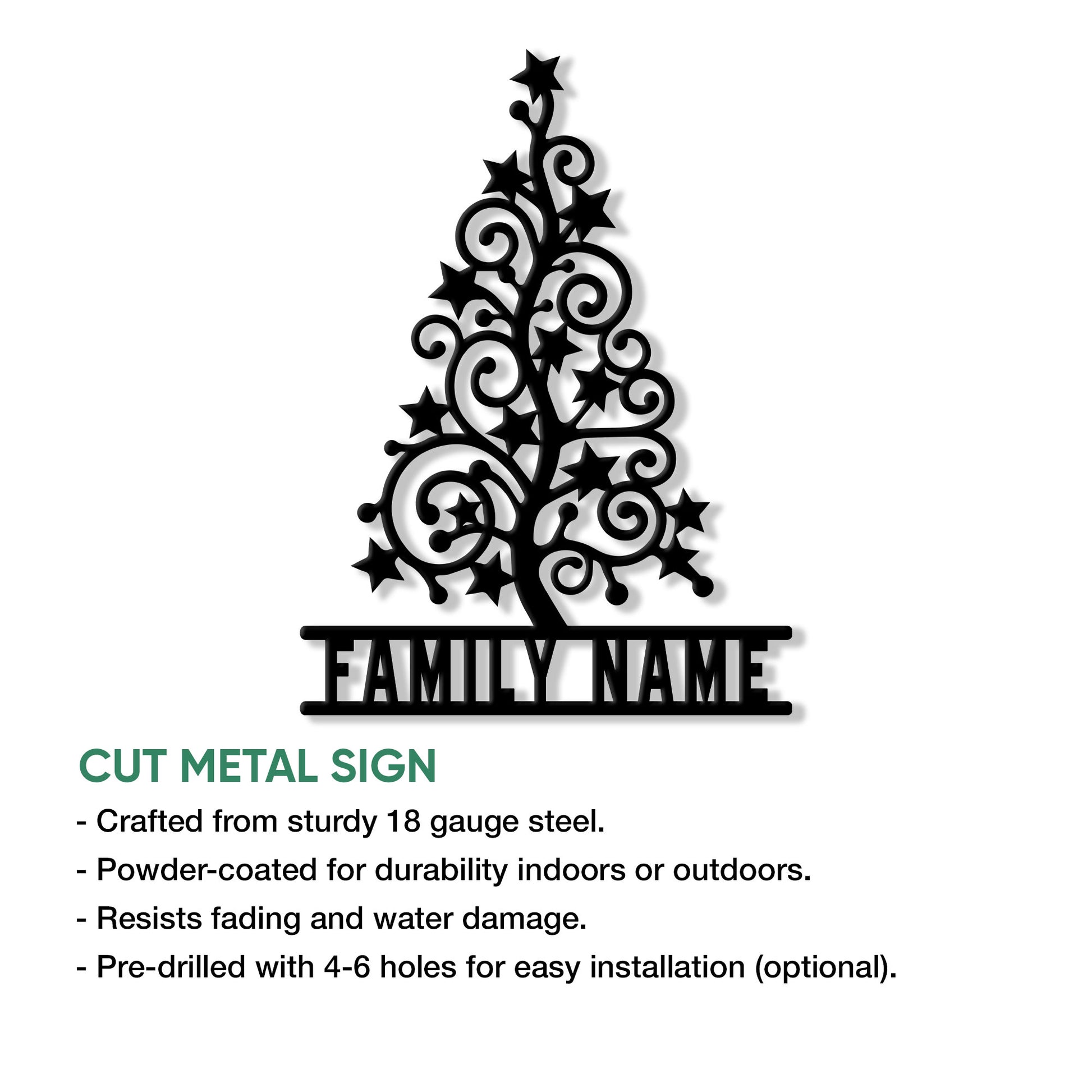 Christmas tree metal sign feature graphic highlighting cut steel construction and indoor or outdoor decor use