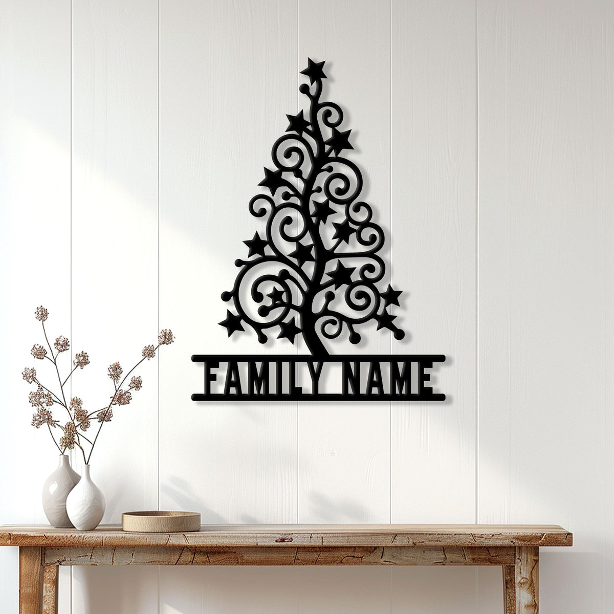Custom Christmas family tree metal sign displayed on a white paneled wall above a console table