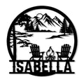 Custom camping metal sign with mountain lake scenery, pine trees, Adirondack chairs, and a campfire