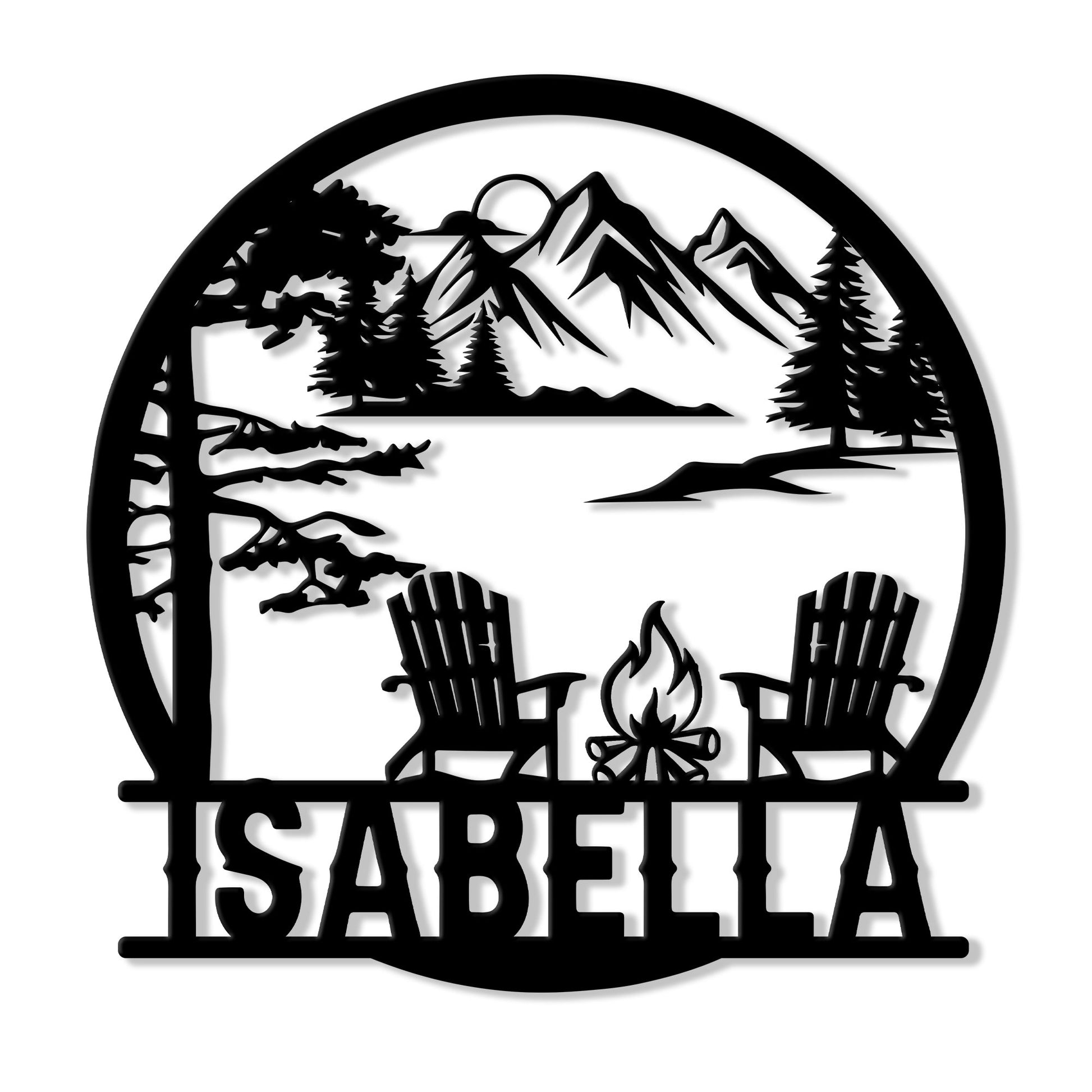 Custom camping metal sign with mountain lake scenery, pine trees, Adirondack chairs, and a campfire