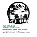 Camping metal sign shown with cut-metal construction and an outdoor mountain campfire scene
