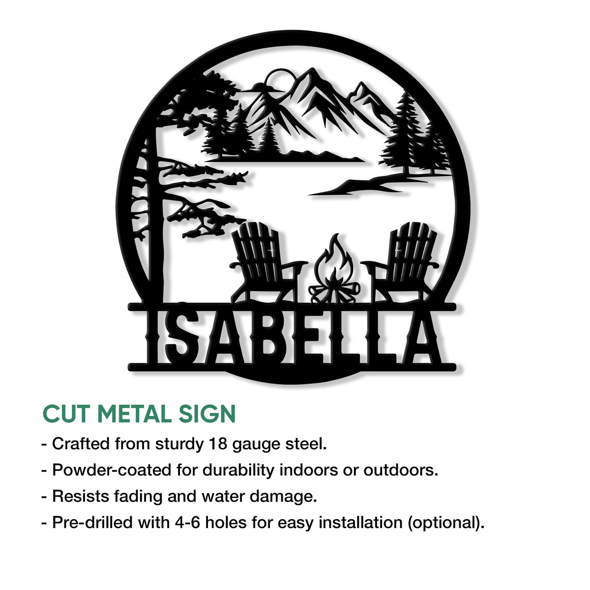 Camping metal sign shown with cut-metal construction and an outdoor mountain campfire scene