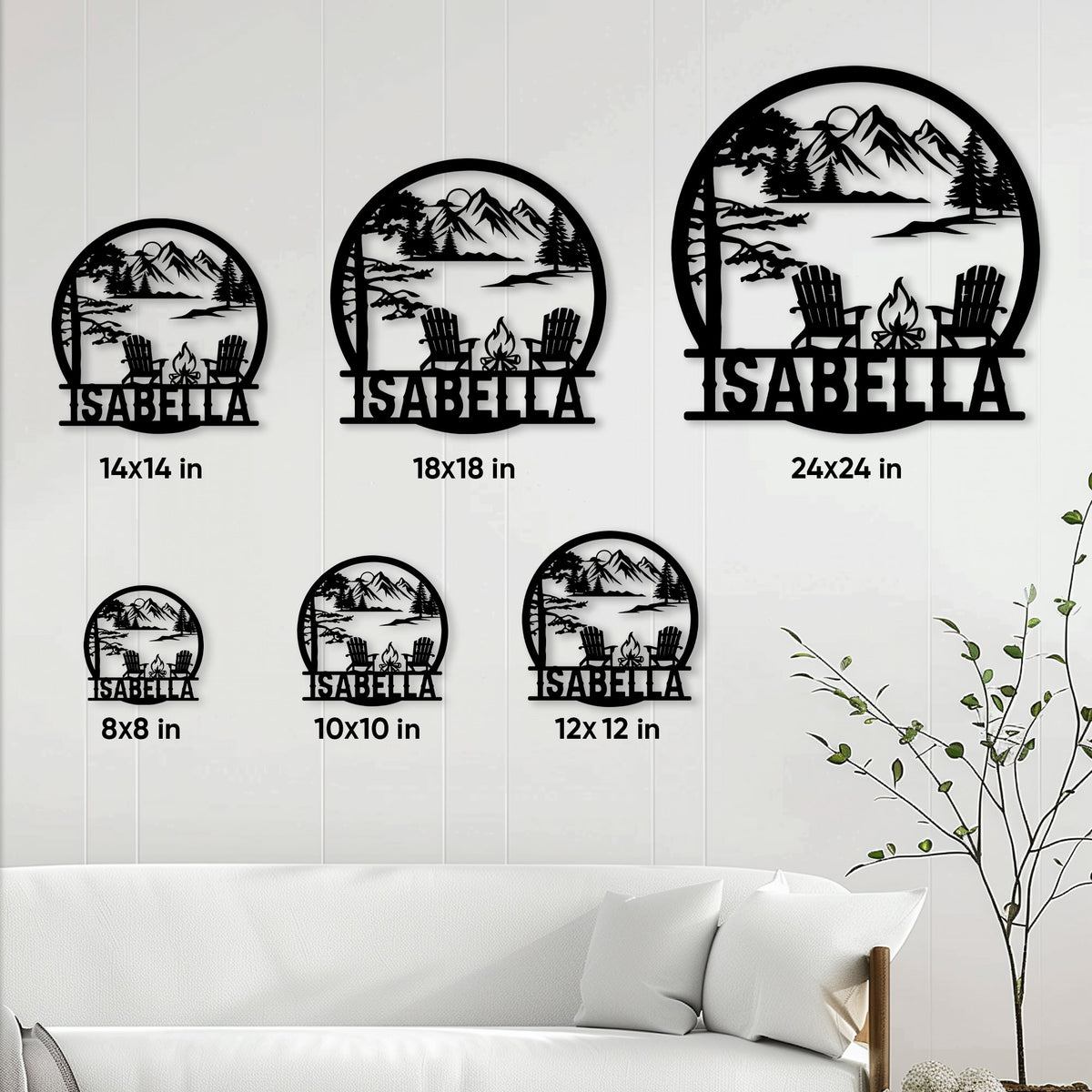 Camping metal sign size guide showing available square sizes from 8 by 8 to 24 by 24 inches