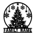 Custom Christmas metal sign featuring a decorated tree, snowflakes, stars, and a circular winter scene