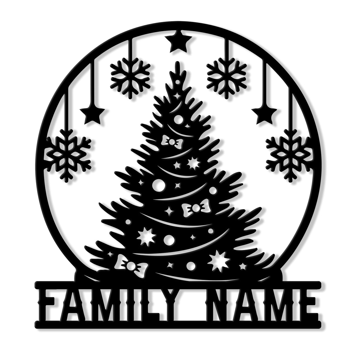 Custom Christmas metal sign featuring a decorated tree, snowflakes, stars, and a circular winter scene